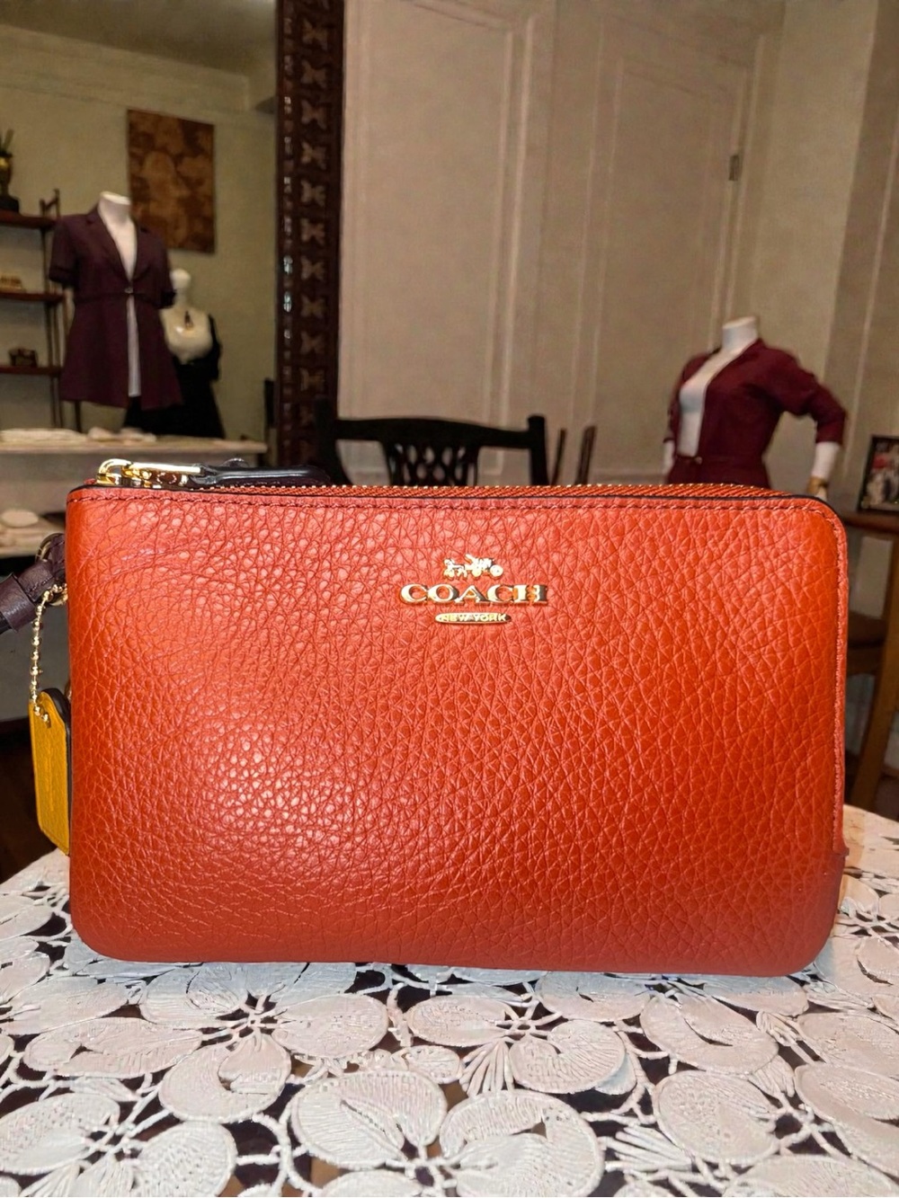 NWT Coach Pebbled Leather Double Zip Wristlet Colorblock Burnt Orange Pink $98 - Picture 2 of 15